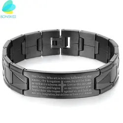 Boniskiss Black Stainless Steel Jesus Cross Bracelet Men Jewelry English Lord's Prayer Bracelets & Bangles 2020 Christmas Gift