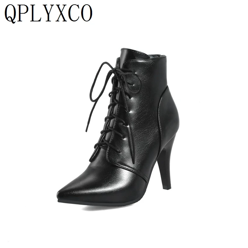 QPLYXCO  Big size 32-46 ankle boots for women short Spring Autumn winter Pointed Toe high heels8cm Party wedding shoes woman A-1