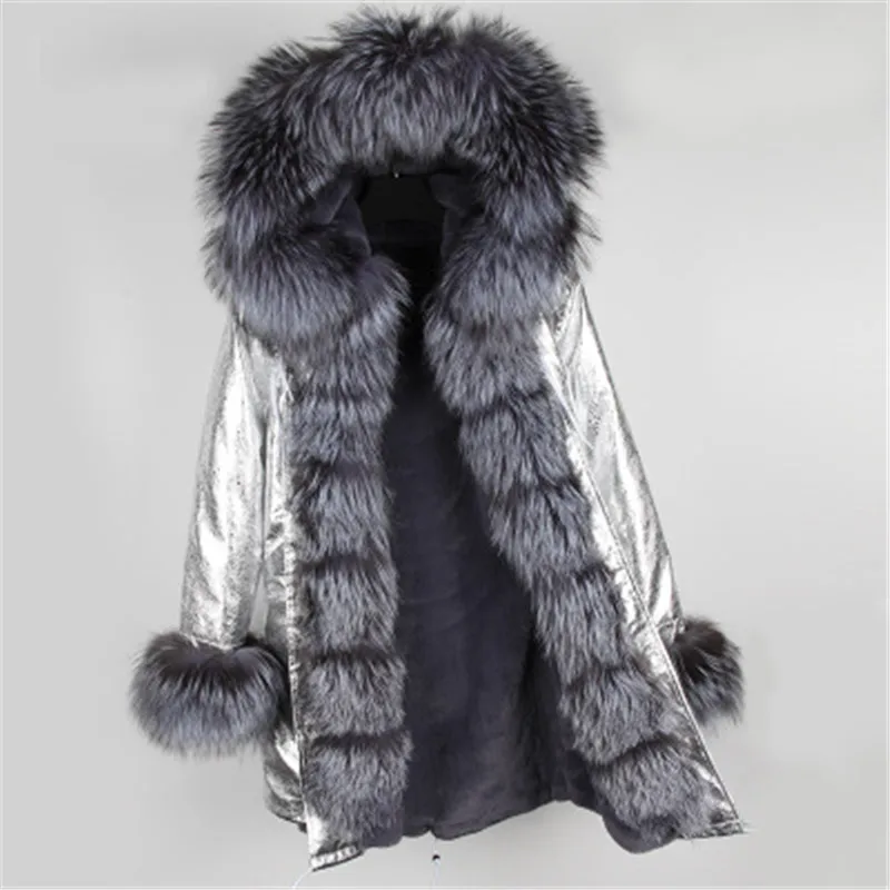 

Winter Silver Ccoat Jacket Women Outwear Thick Parkas Natural Real Silver Fox Fur Collar Grey Natural Fur Coat Hooded Pelliccia