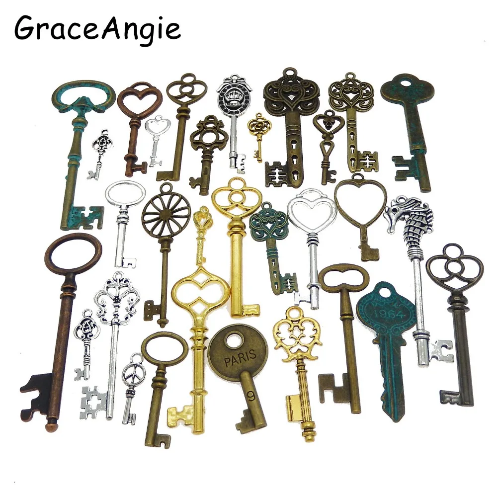 10pcs Mix Color Metal Key Pendant Alloy Lovely Large Crown Key Charms Vintage Jewelry Keys Charms Wholesale Antique Bronze Key