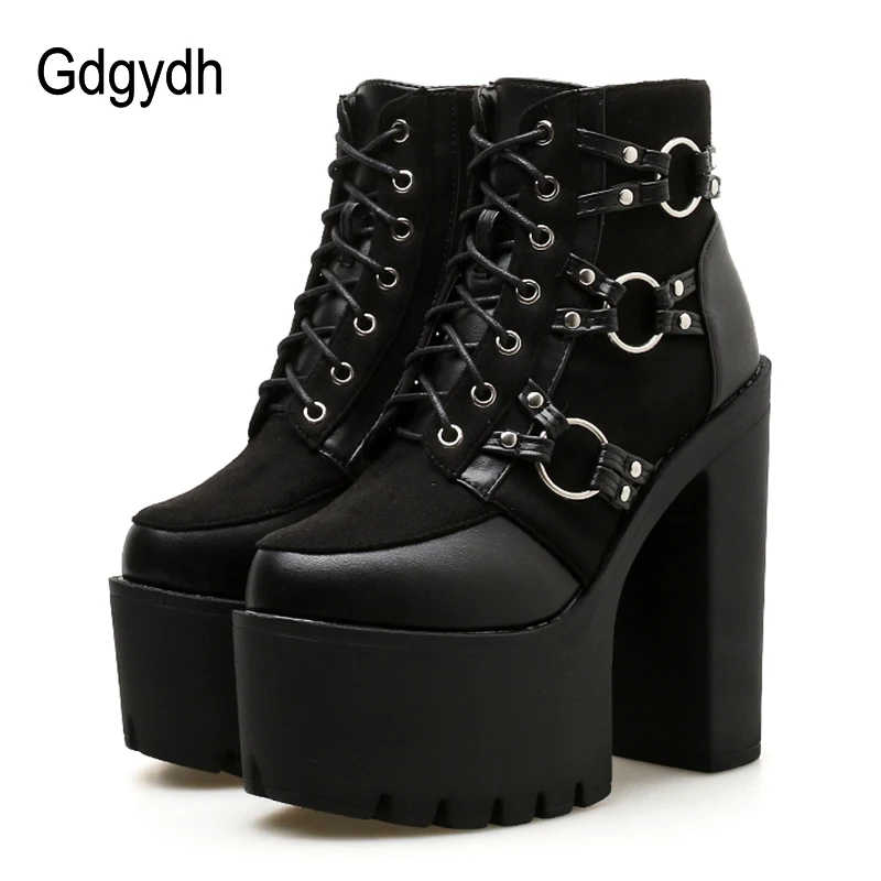 Gdgydh Spring Autumn Fashion Motorcycle Boots Women Platform Heels Casual Shoes Lacing Round Toe Shoes Ladies Autumn Boots Black