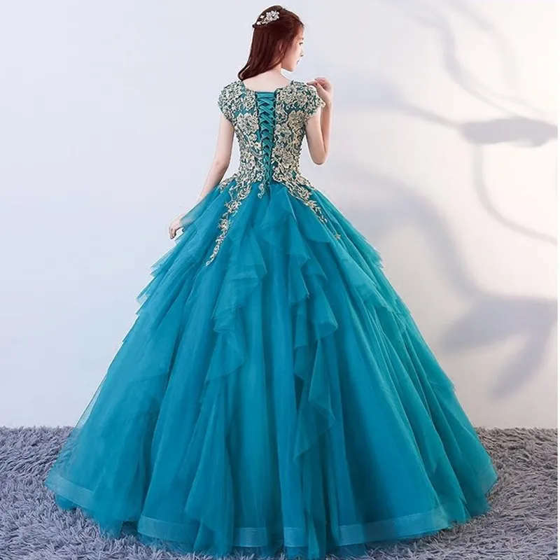 Abiti da Quinceanera lunghi di lusso "shen con maniche corte In Stock Appliques In rilievo abiti da ballo debuttanti abiti Anos 2020