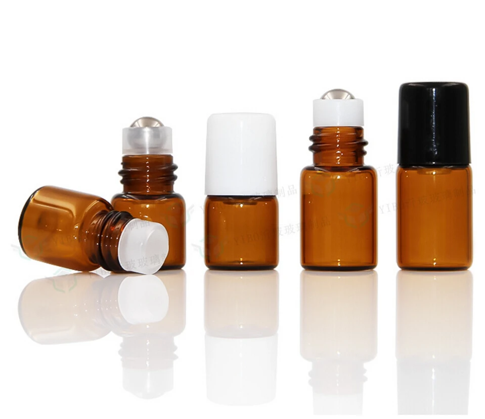 2ML Amber Roll on Glass Bottle, 2CC Sample Vial, Small Essential Oil Bottle + Metal Roller Ball 1000pcs/lot