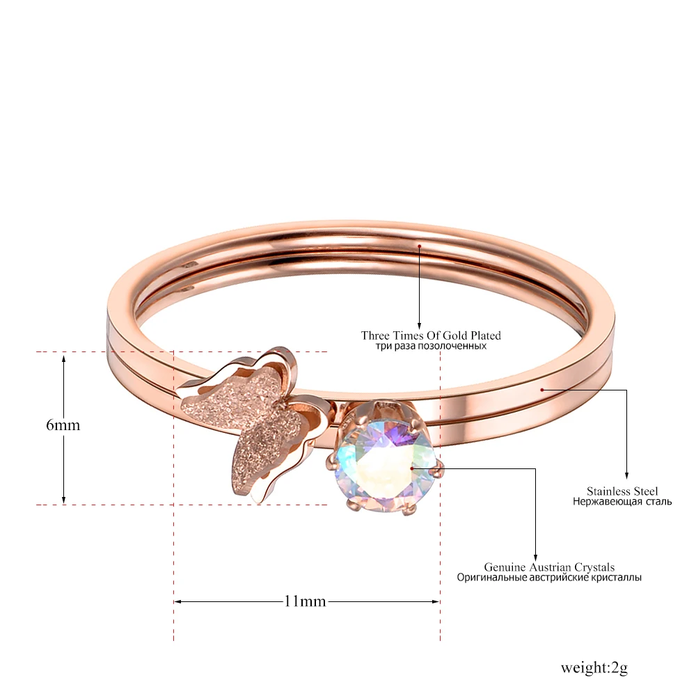 JeeMango الفولاذ المقاوم للصدأ 2 في 1 خواتم Buttfly الملونة الزركون حلقة لطيف روز الذهب اللون مجوهرات ل عيد الحب هدية JR18141