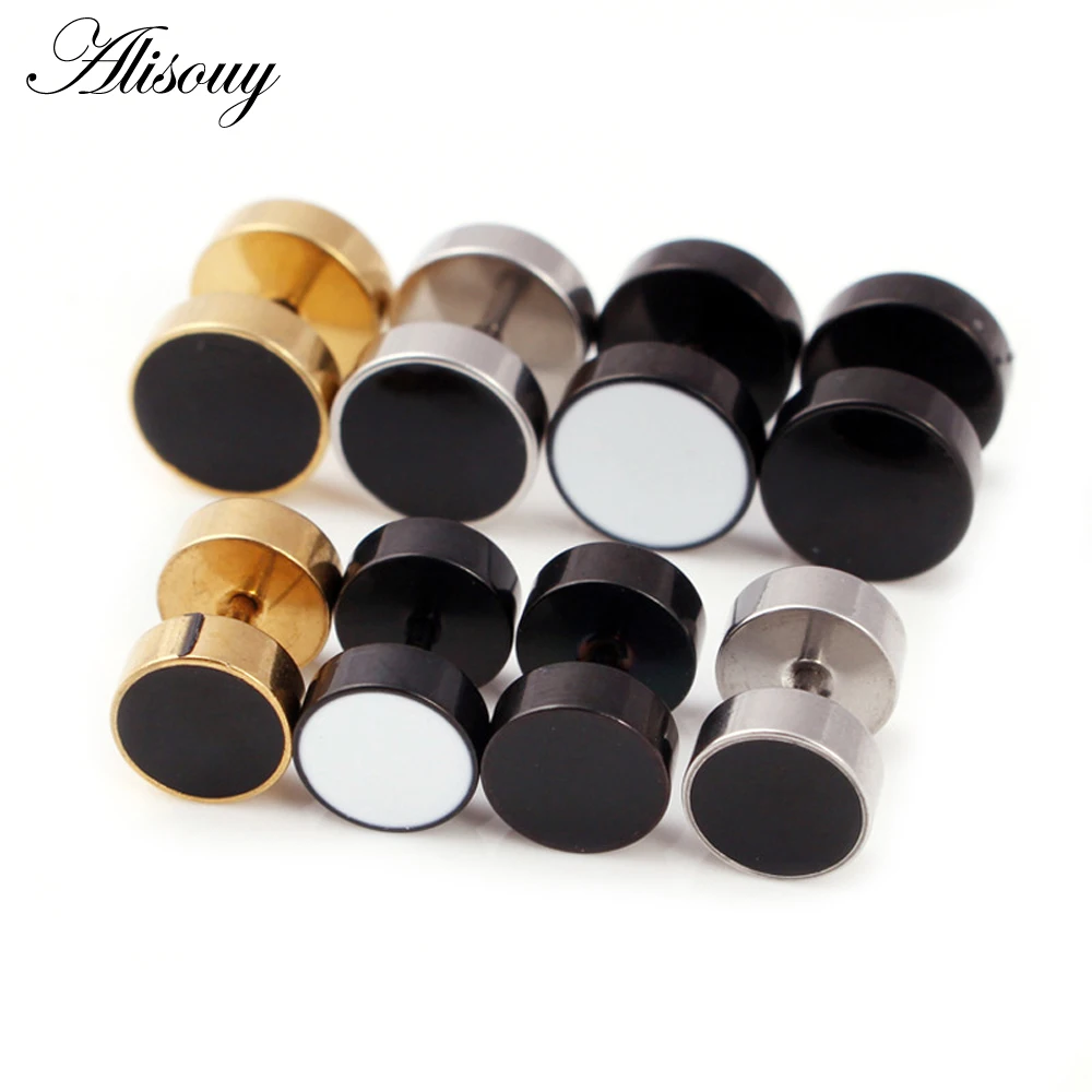 Alisouy 2pcs Drip Oil Round Barbell Body Piercing Jewelry Fake Ear Plug Tunnels Stainless Steel Earring Studs Girl Boy Earrings