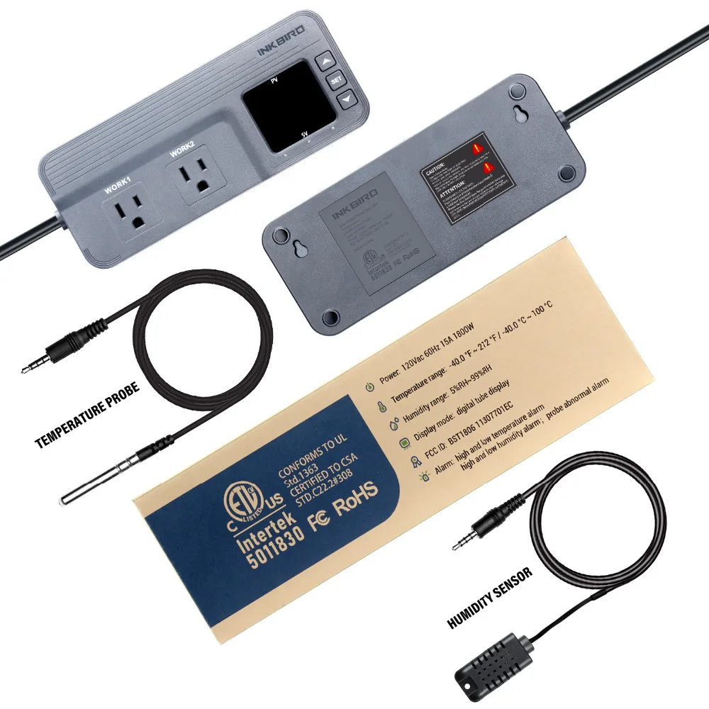 INKBIRD ITC-608T Temperature Humidity 2-in-1 Socket Controller 15A 1800W Pre-wired AC Dual Stage Outlet Thermostat With 2 Probes