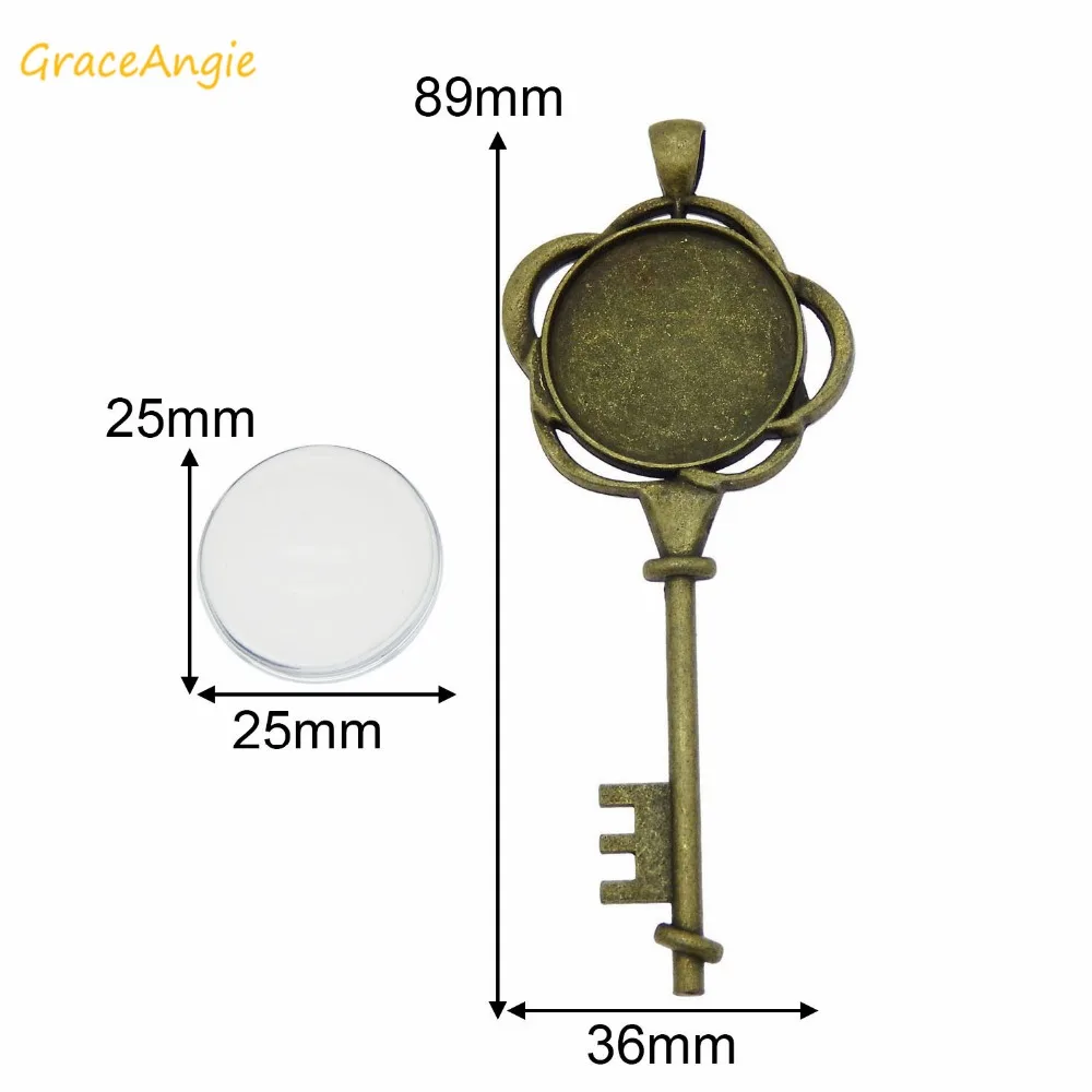 GraceAngie 5sets Antique Bronze DIY Necklace charms Alloy  Key Setting Tray Blank Pendant Base + Glass cap Cabochon accessory