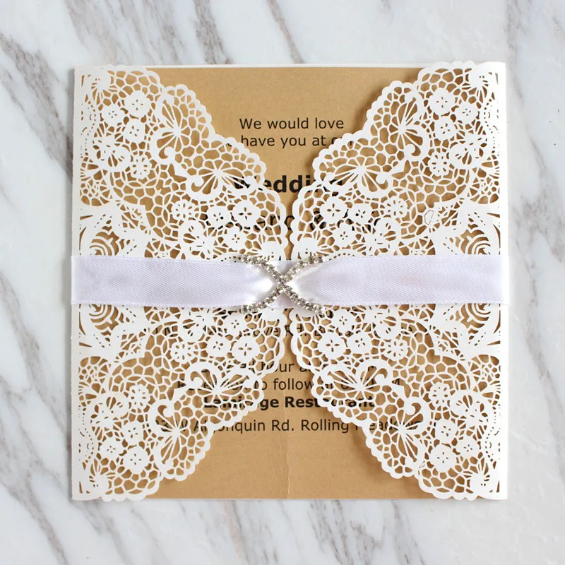 Jeweled white lace wedding invitations with inserts envelopes vintage anniversary invitation card holder 5.9