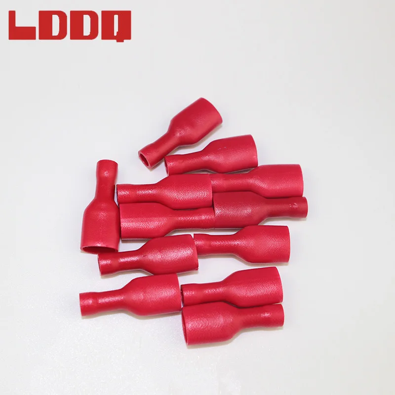 LDDQ 100pcs Red Fully Insulated Female Spade Crimp Terminals Electrical Quick Wire Connector 22-16AWG Audio Wiring High Quality