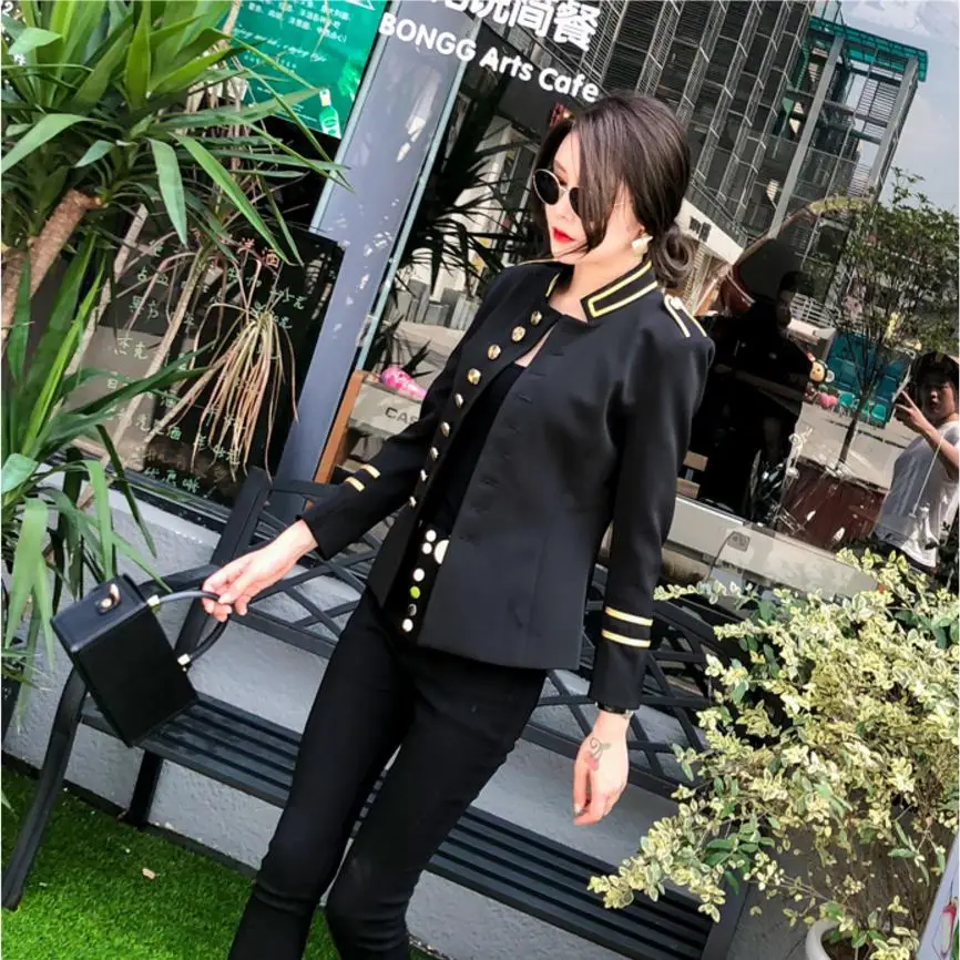 2018 Autumn fashion new women\'s jacket coat Slim short military uniform tunic outwear female metal single-breasted jacket L1202