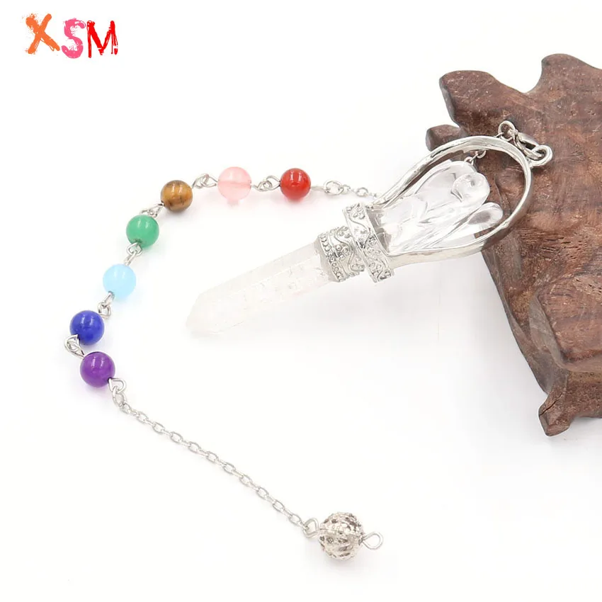 Personalized Natural White Crystal Stone Angel Pendulum Pendant Hexagonal Prism Column 7 Chakra Link Chain Reiki Healing Jewelry