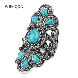 Fashion Ethnic Peacock Big Rings For Women Vintage Blue Stone Black Crystal Silver Color Ring Statement Bohemian Jewelry 2018