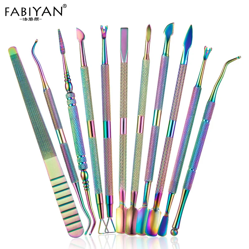 

11Pcs Rainbow Nail Art Files Cuticle Pusher Triangle UV Gel Polish Pedicure Manicure Care Groove Clean Tools Stainless Steel