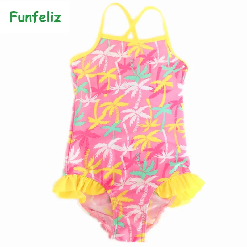 Funfeliz Girls Swimwear One Piece Swimsuit for Girl 2T-12T Cute baby girl bathing suit Pink  Children swimming suit