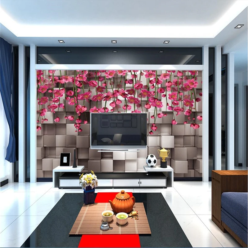 beibehang 3d Stereo black and white box red flower vine TV background wallpaper fresco living room sofa bedroom custom size