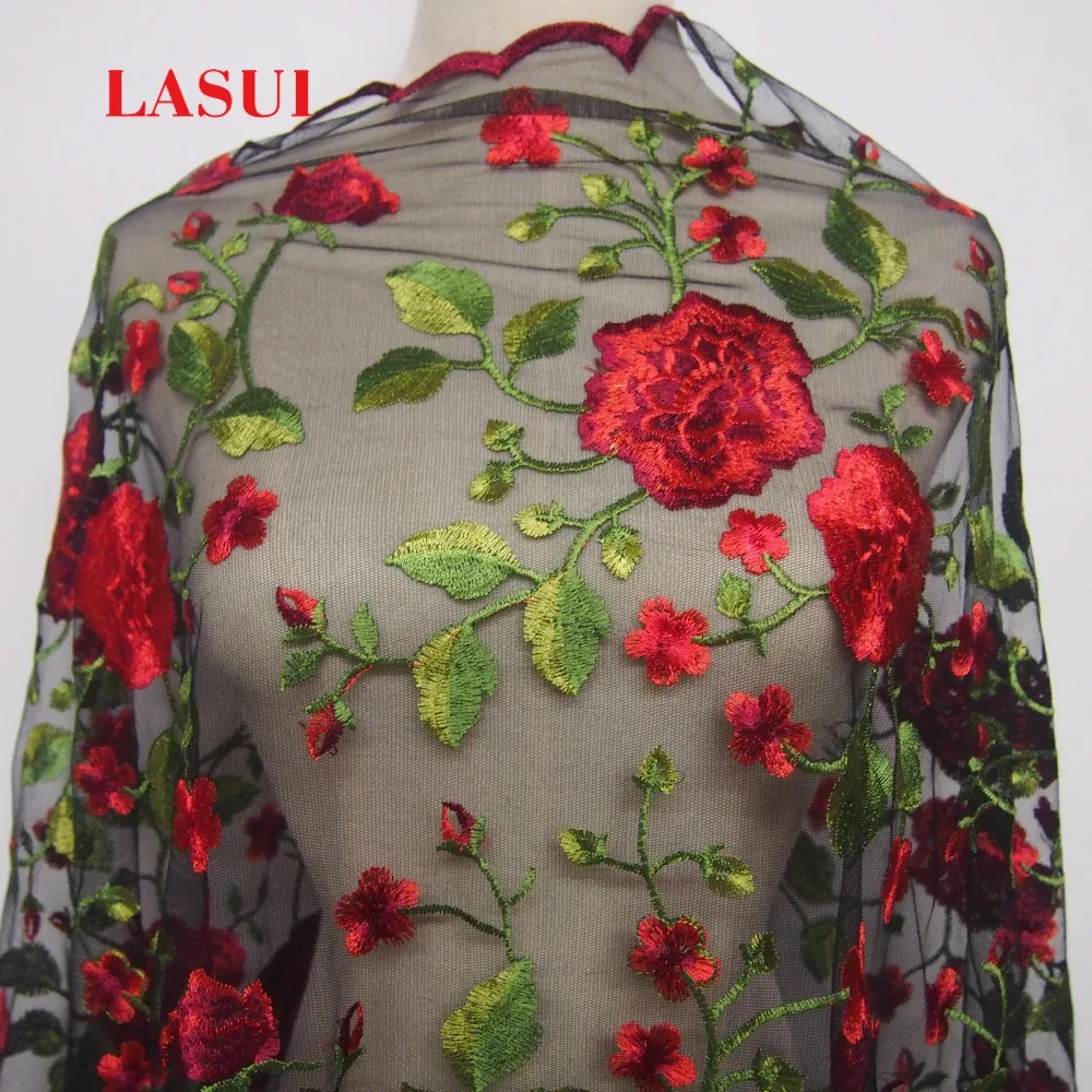 LASUI  TOP quality Skirt dress fashion cloth good-look Black mesh Rose embroidery lace fabric diy embroidered  X0106