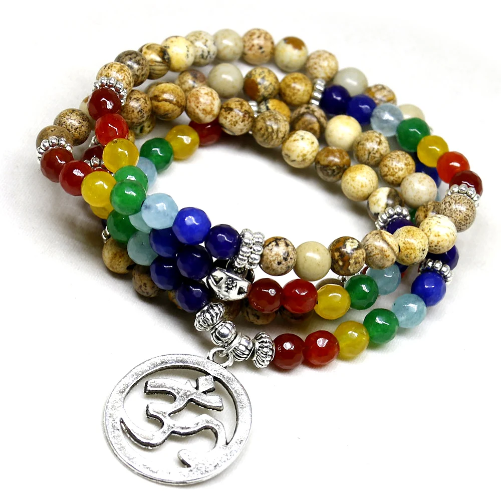 Pulseira de cura do equilíbrio de chakra, pulseira de pedra de cura reiki yoga, com contas de 108, bracelete multicamadas feminino e masculino