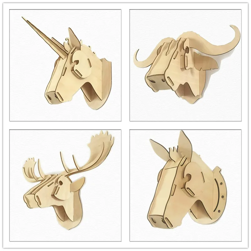 3D Wooden Animal Head Wall Hanging DIY Creative Gifts Puzzle Plywood Unicorn Head For Home Decor MDF Crafts Art Wall Decoration