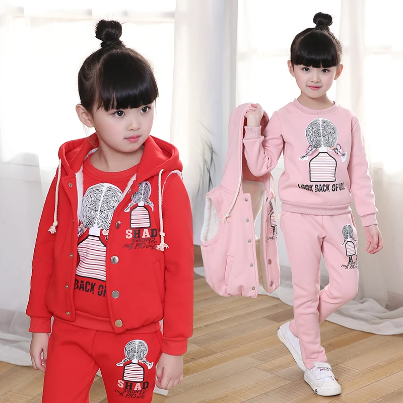 Girls Cartoon Clothing 3 Pcs Set Children Fall Winter Thickening Velvet Clothes 3-12 Year Old Kids Vest Coat + Tops + Pants X273