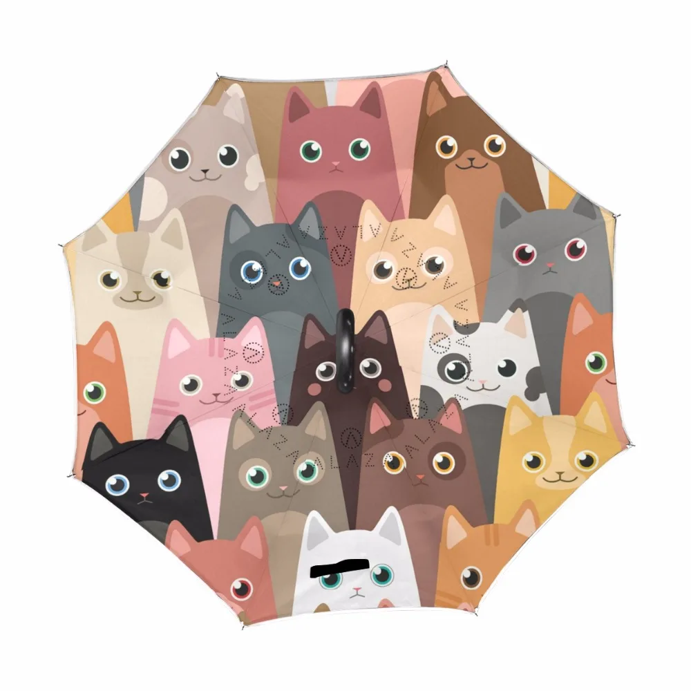 Double Layer Inverted Cartoon Cats Umbrella Cars Reverse Windproof Rain Umbrellas for Car Outdoor With C Shaped Handle