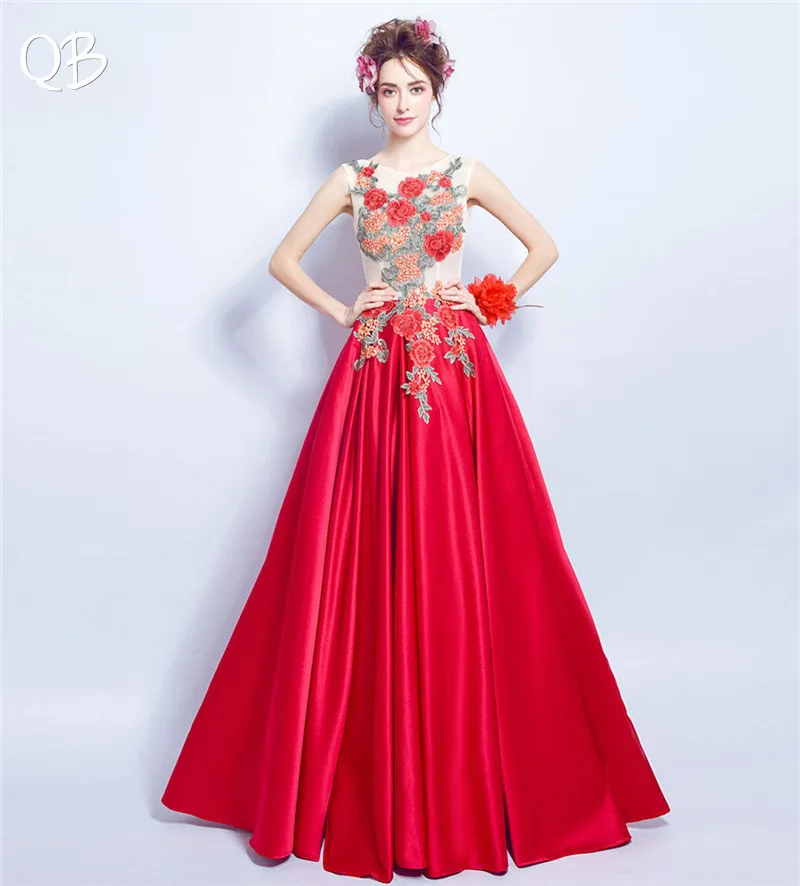 Vestido de noite vermelho acetinado com apliques florais, elegante, longo, formal, vestido de baile, nova moda 2019, xh93