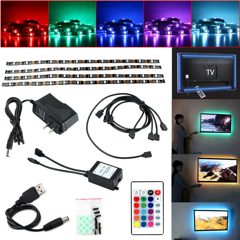 4PCS HDTV 5V RGB 12Led Strip Light USB Power TV Backlighting W/Remote Control Set US plug cut the length