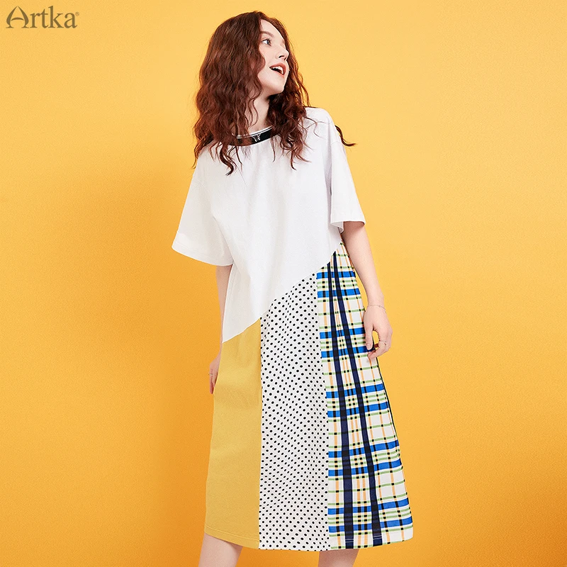 ARTKA 2019 Summer New Women Dress O-Neck Special Stitching Dress Loose Casual Short Sleeve T-shirt Dress For Women ZA15096X