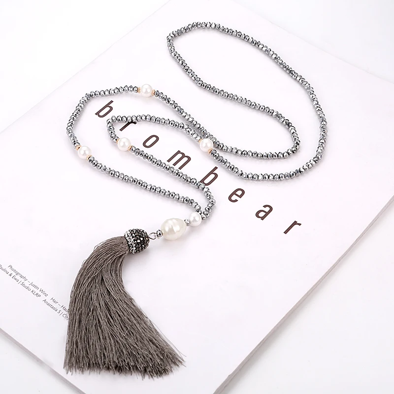 Fashion Tassel Long Necklace For Women Crystal Beads Baroque Pearl Vintage Necklaces Handmade White Blue Red Fringe Necklace