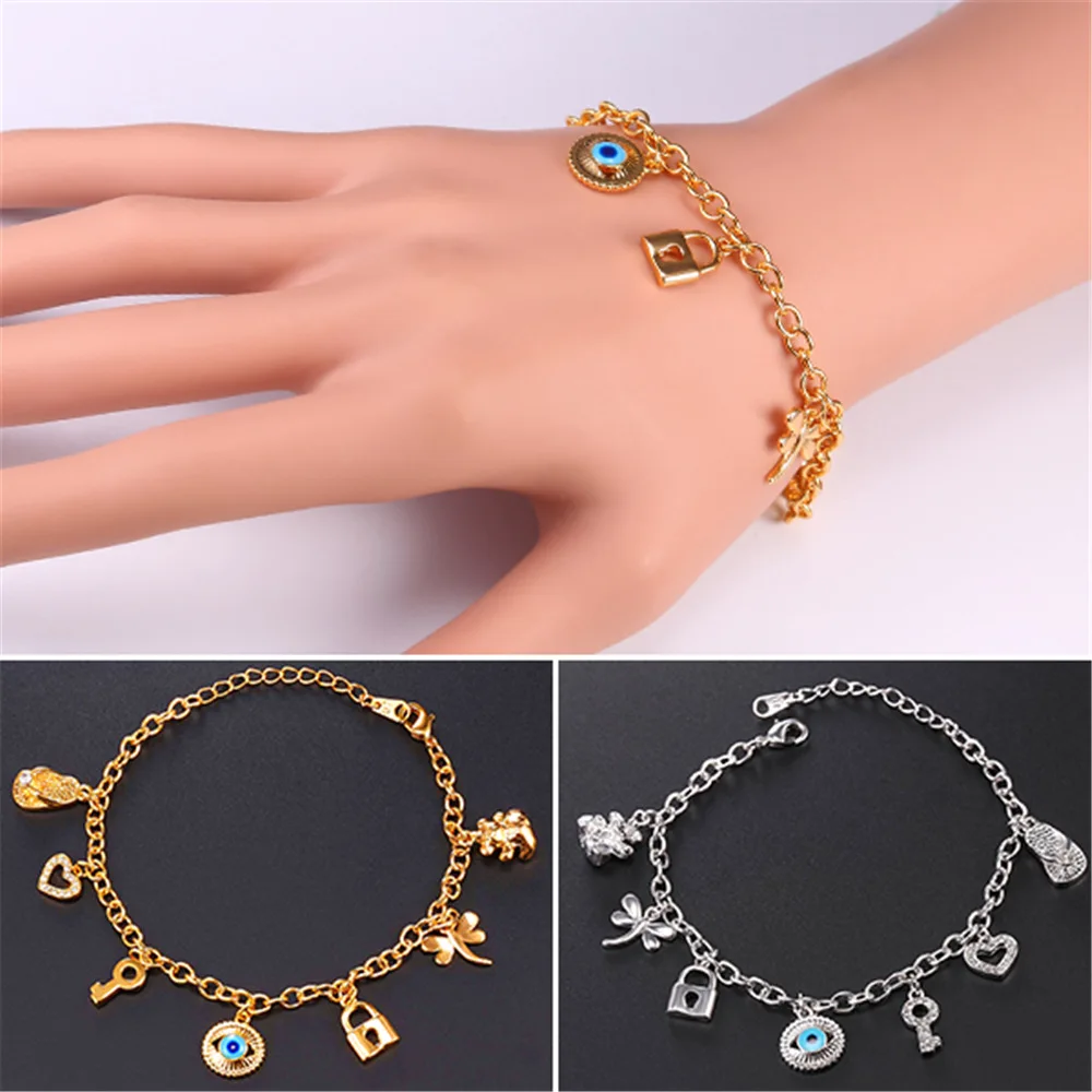 U7 Charm Bracelet Cute Bear Heart Key Evil Eye Slippers Dragonfly Trendy Silver Color White Rhinestone Bracelet For Women QC24