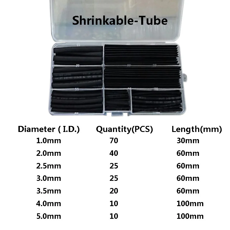 Heat shrinkable tube 200PCS/SET 1mm 2mm 2.5mm 3mm 4mm 5mm  Tubing Sleeving Wrap Wire Cable Kit