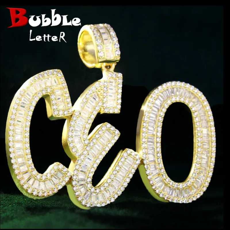 Bubble Letter Custom Name Necklace for Men Baguette Personalized Pendant Iced Out Charms AAAAA Zirconia Hip Hop Rock Jewelry