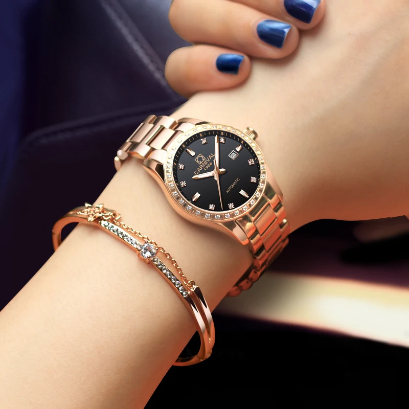 Rose gold Women Watches Top brand luxury CARNIVAL Automatic Watch Women Calendar Sapphire Waterproof Luminous Montre femme 2018