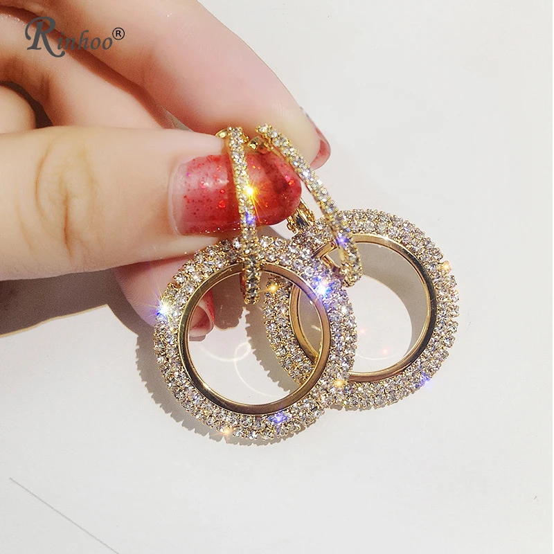 RINHOO Fashion Rhinestone Round Geometric Drop Earrings For Women Jewelry Gold Rose Color Handmade Statement Earrings