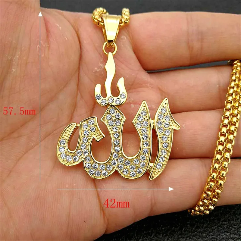 Dropshipping Hip Hop Iced Out Bling Islamic Allah Pendants Necklaces For Women And Men Stainless Steel Muslim Jewelry Wholesale