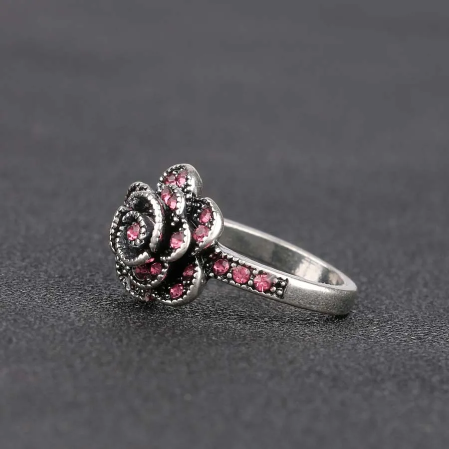 2018 New Fashion Flower Pink Crystal Ring Silver Color Love Wedding Rings For Women Vintage Jewelry Gift Wholesale Lots Bulk