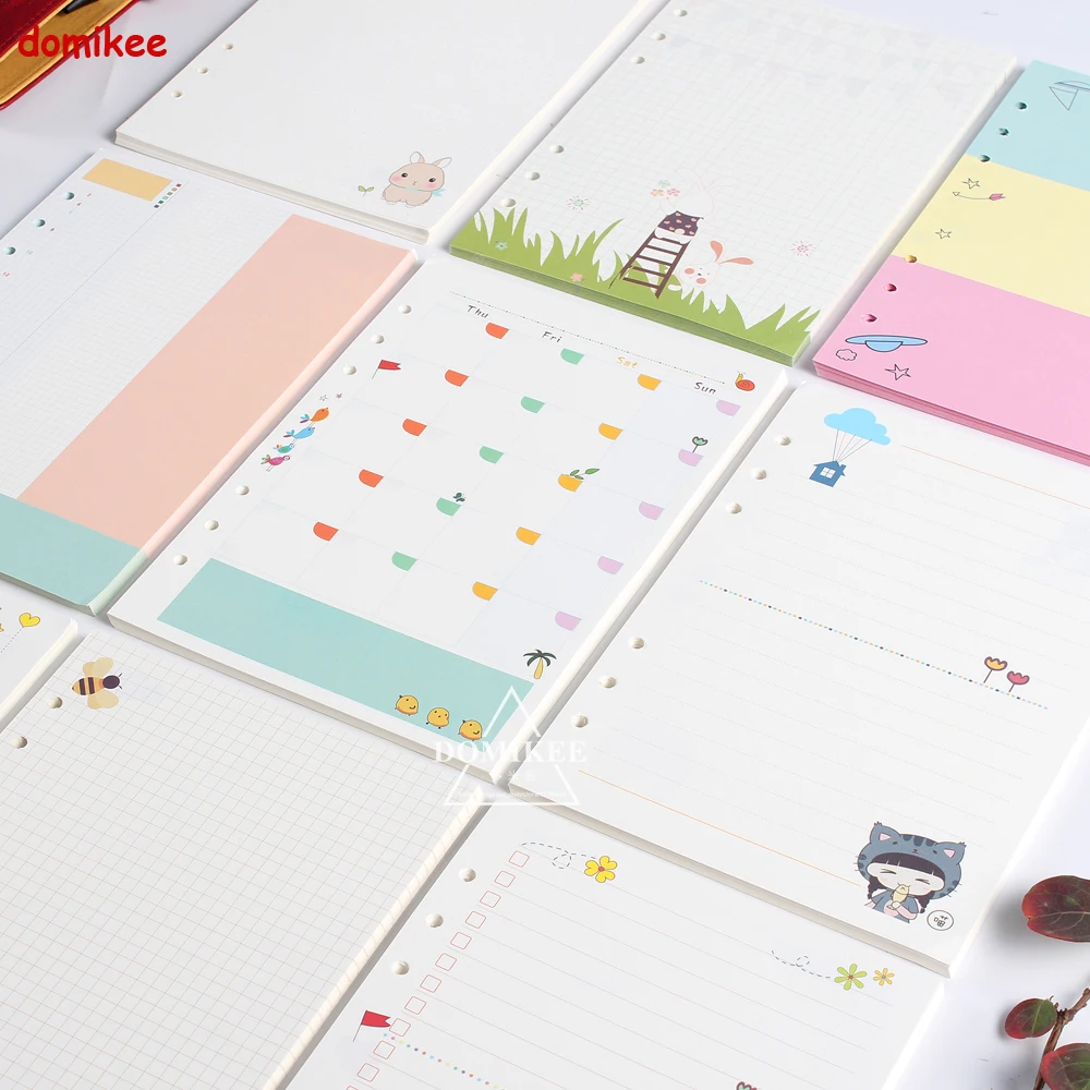 Cute 6 holes replacement inner paper core for spiral notebook:daily weekly monthly planner line grid dots list stationery A5 A6