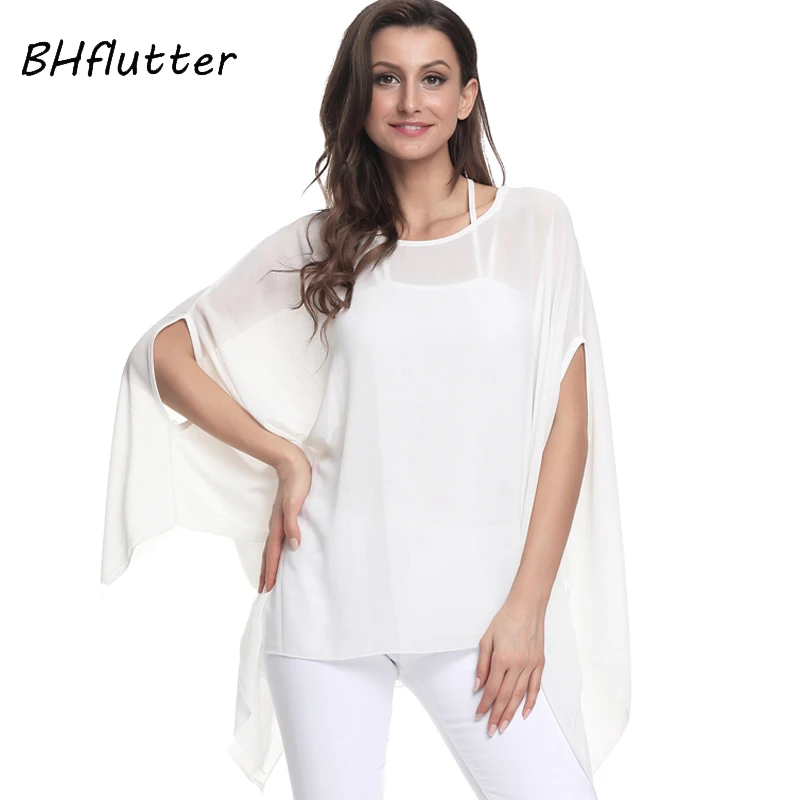 BHflutter 黒シフォントップス女性シャツプラスサイズ 5XL 6XL 2018 新着ソリッドカジュアル夏ブラウスシュミーズファム