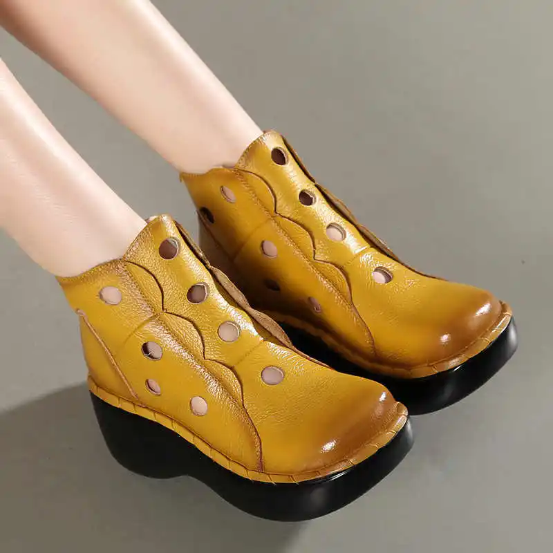 Genuine Leather Women Summer Boots Platform Wedges Round Toes Cut Out Hole Ankle Boots Vintage Woman Shoes