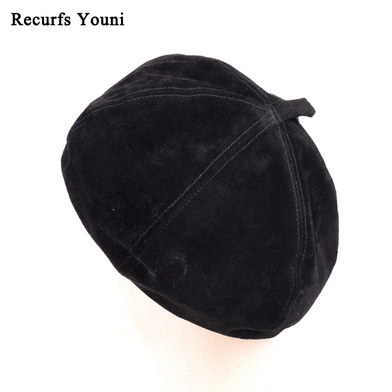 NEW RY975 Spring 2023 Woman European Genuine Leather Suede Thin Beret Caps Female Watermelon Black Beanies Street Painter\'Hat