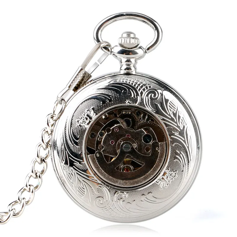 Vintage Mechanical Automatic Self Wind Pocket Watch Transparent Silver Pocket Watches Luxury Fob Clock Men Women Birthday Gifts