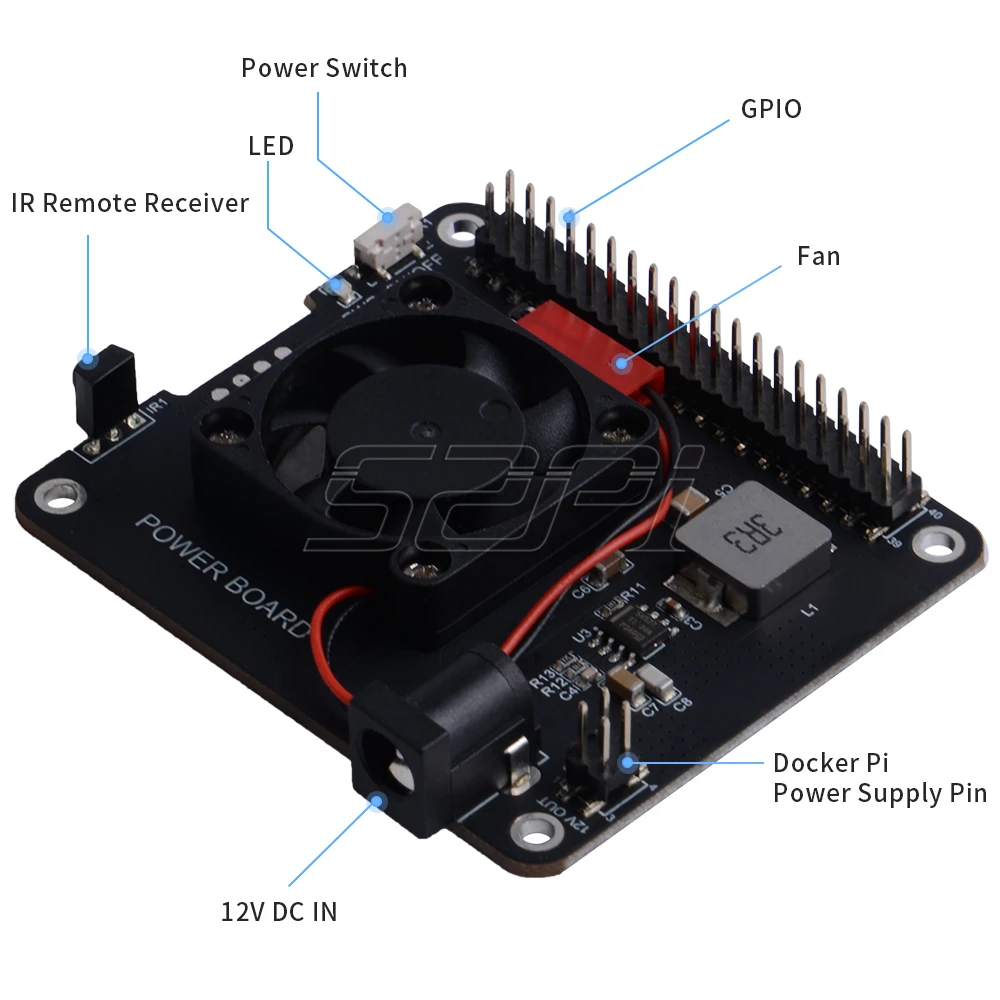 52Pi DockerPi Power Board for Raspberry Pi 4 B & 3B+ & All Platform Power with Safe Shutdown Auto Cooling Fan Expansion Board