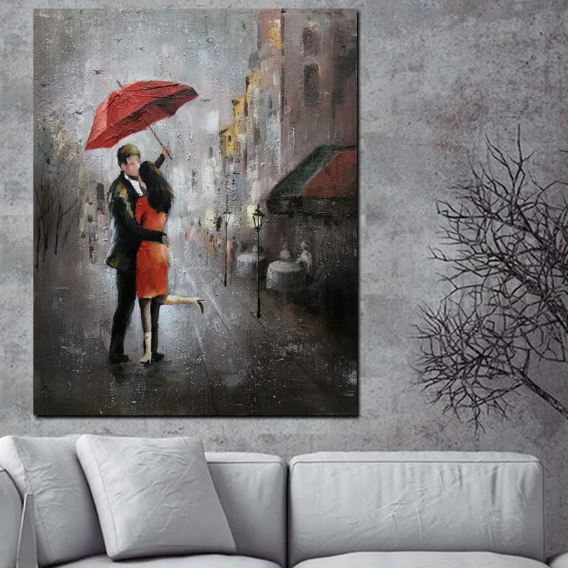 

HD Print Wall Art Romance Couple Rain Day Street Landscape Poster Oil Painting on Canvas Modern Wall Picture For Living Room