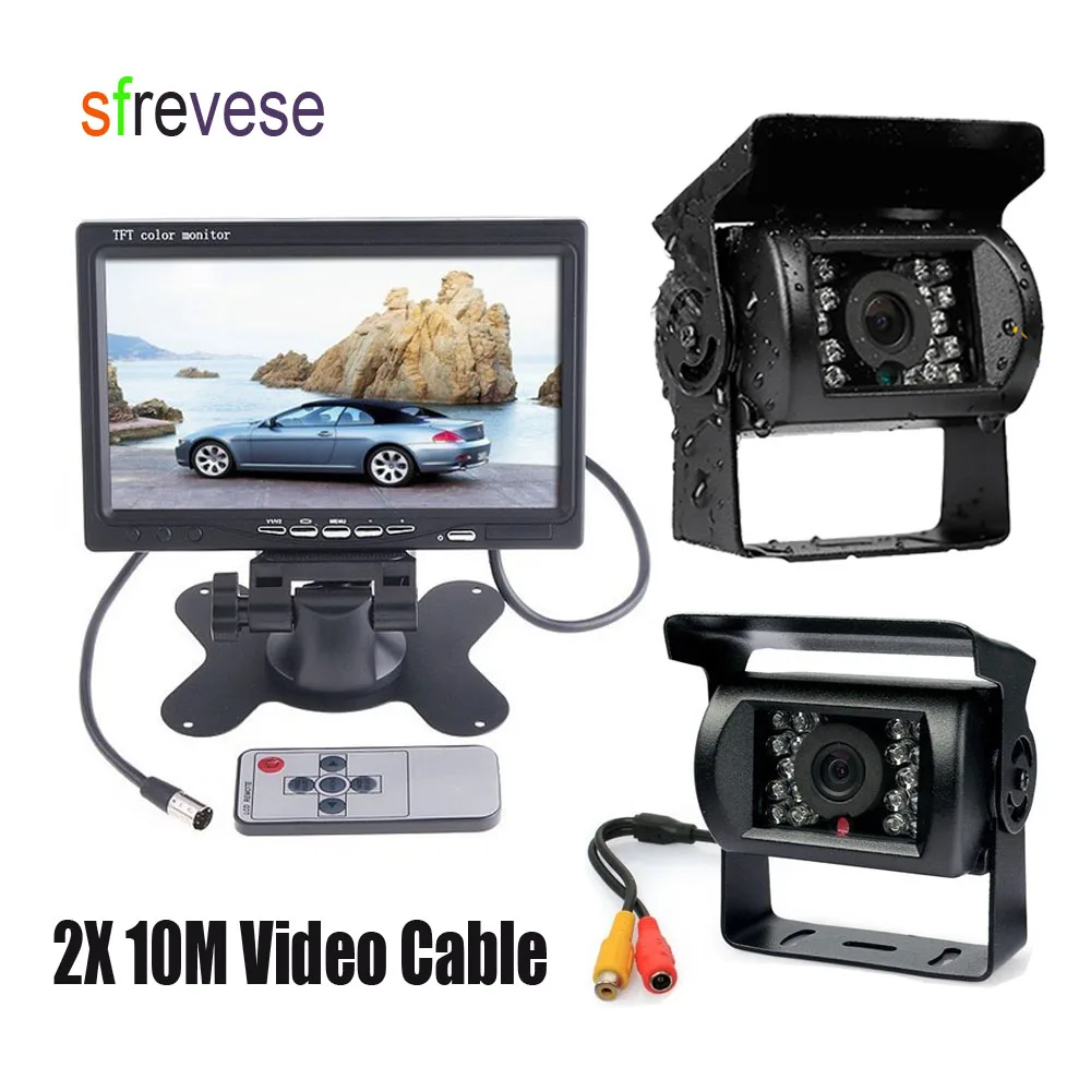 

7" LCD Monitor Car Rear View Kit + 2x 18 LED IR Night Vision Reversing Camera for bus Truck Vehicle 10M Cable 12V-24V