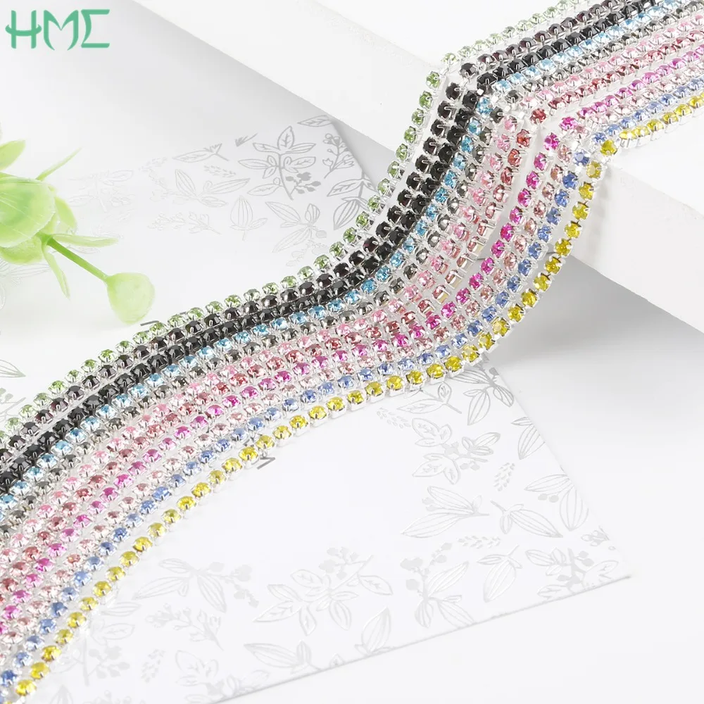 1M 2.5mm DIY Wedding Party Decoration & Jewelry Craft Making High Density Flatback Black Silver Base Cup Trim Rhinestone Chain