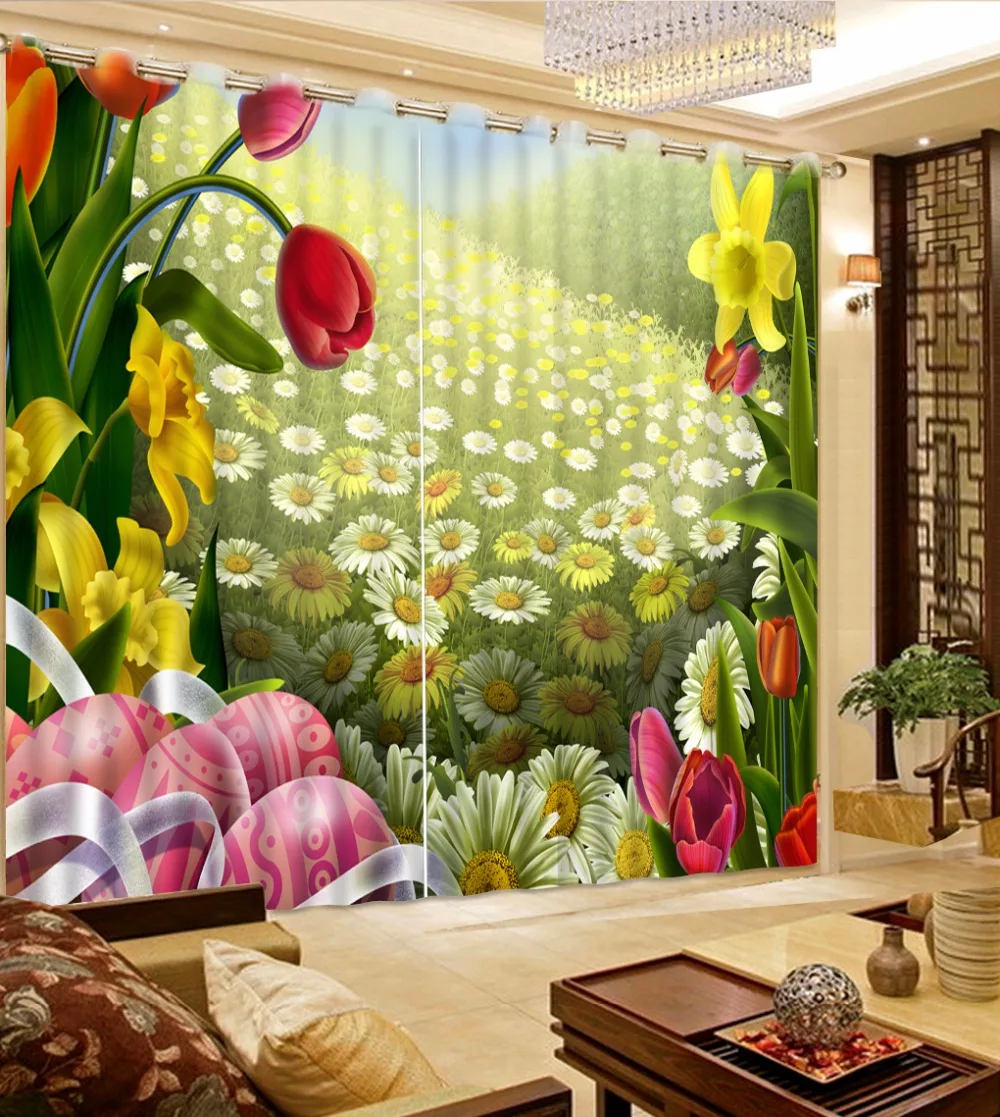 

3D Curtain Photo Custom Size Tulip Colored Eggs Sunflower Curtains For Bedroom Curtains For Living Room Decorative Curtain