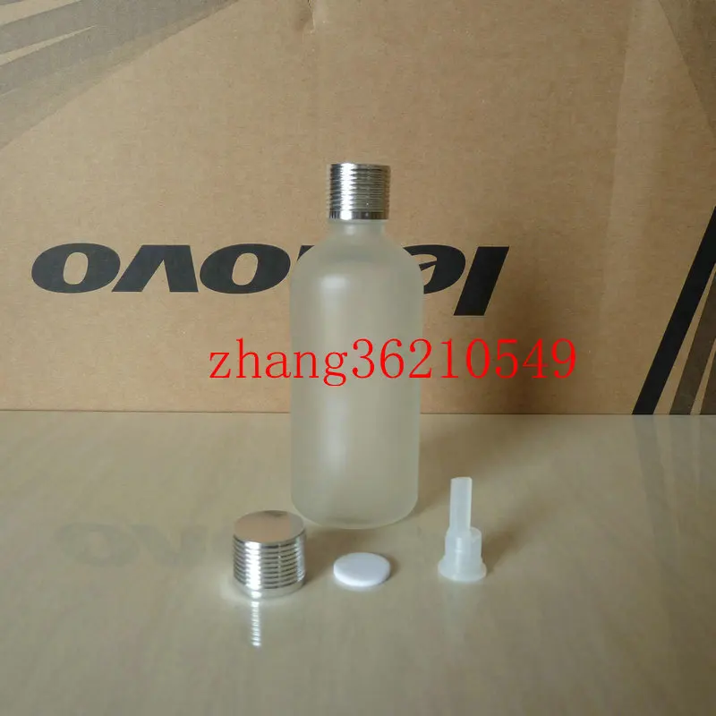 

100ml clear/transparent frosted Glass Essential Oil Bottle With shiny silver aluminum cap. Oil vial, Essential Oil Container