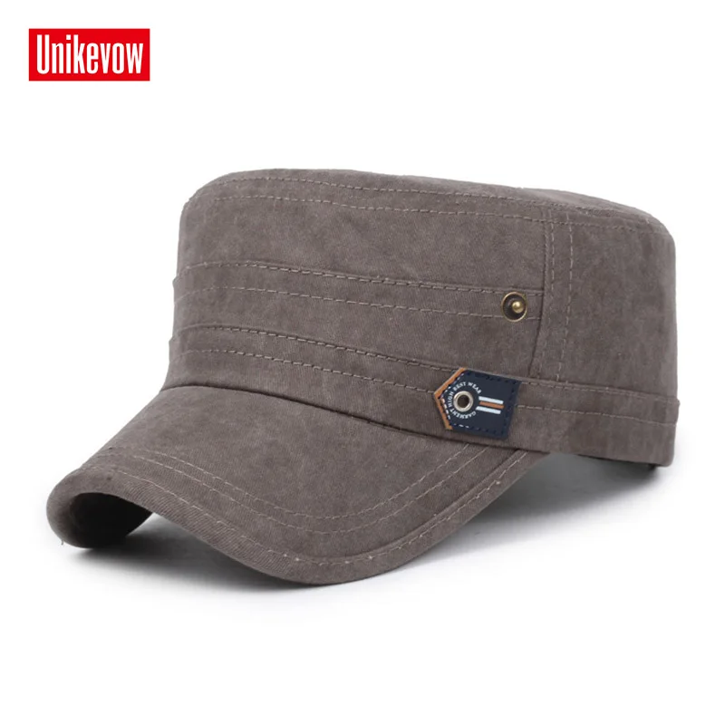 UNIKEVOW Cotton Military Caps For Men And Women Flat-Top Cap Washed-Out Hats Breathable Solid Color Caps