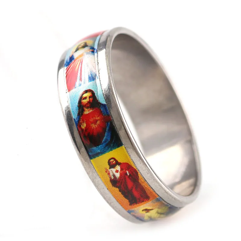 2Pcs Multicolor 5 Sizes Stainless Steel Ring Religious Catholic Enamel Round Rings Alloy Rings lap