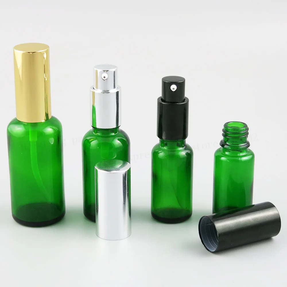 200 x Refillable Green Glass Bottle With Aluminium Pump 1oz Glass Lotion Pump Cream Shampoo Bottle 100ML 50ML 20ML 15ML 10ML