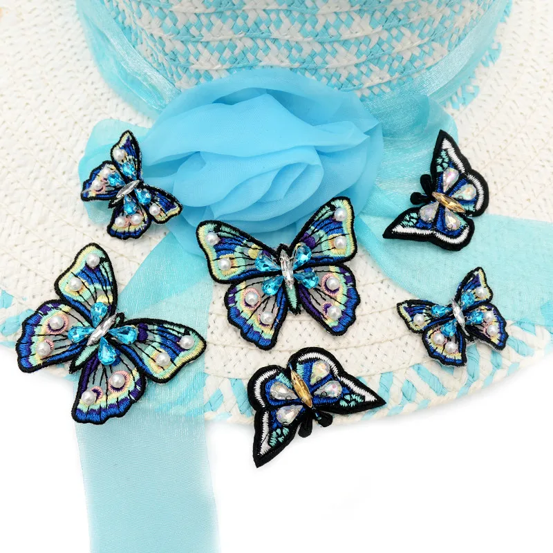 AHYONNIEX Brand 1pcs Blue Butterfly beads rhinestones patches sew on beading applique clothes shoes bags decoration patch DIY